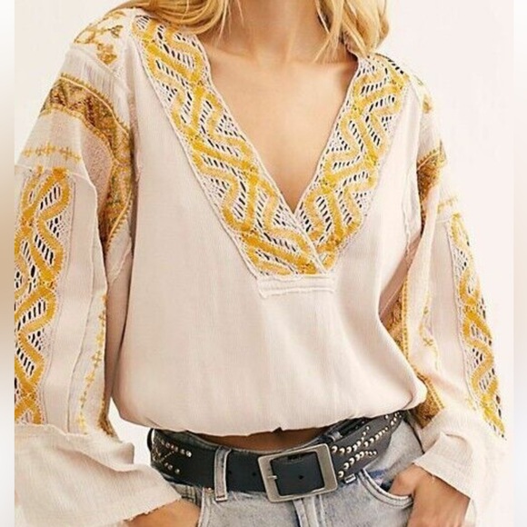Free People Tops - Free People Bohemian Embroidered V-Neck Blouse - Cream and Gold